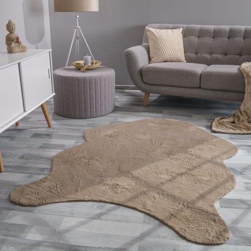 TT Home Wohnzimmer Teppich Unifarben Flauschig Modern Kunstfell Kurzflor, Farbe: Beige, Größe:120x160 cm Fell-Form