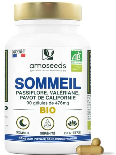 Sommeil BIO | Hautement dosé | Valériane, Passiflore | Endormissement rapide, Relaxation | 90 Gélules Vegan | Qualité Supérieure, Fabriqué en France