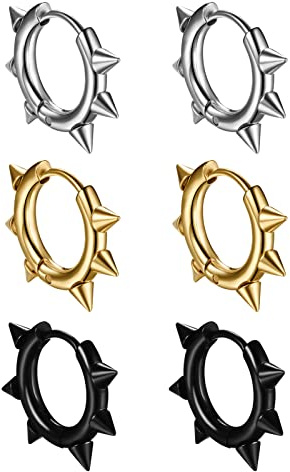 Cupimatch 3 Pairs Punk Rivets Hoop Earrings Stainless Steel Spike Huggie Hinged Helix Cartilage Earrings Ear Piercing Goth Jewelry for Men Women Gold Black Silver