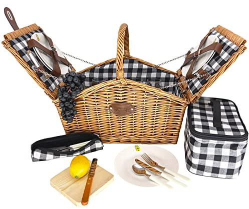 Les Jardins de la Comtesse - Picknickkorb für 4 Personen aus natürlicher Weide – Kariert in Schwarz und Weiß – 48 x 33 x 43 cm