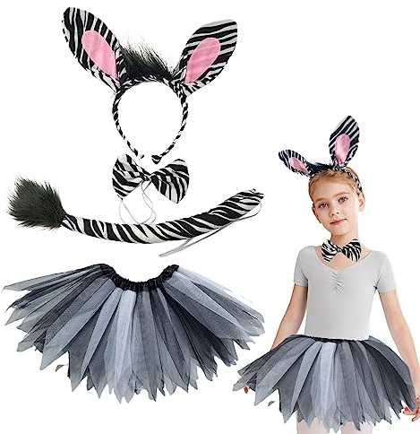 VIKSAUN Zebra Kostüm Set Tierohren Schwanz Zoo Dschungel Kostüm für Erwachsene und Kinder zum Anziehen Karneval Accessoires JGA Halloween Bühnenauftritt Cosplay Geburtstag
