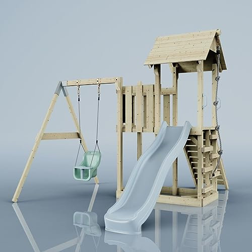 Rebo Spielturm mit Wellenrutsche und Baby-Schaukel | Outdoor Klettergerüst Garten mit Plattform | Kletterseil und Kletterleiter | Stabile Konstruktion, Weiches Gefühl in den Seilen