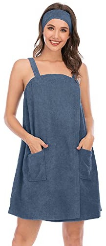 HEARTTOUCH Saunakilt Sauna Kilt Handtuch Damen Badetuch mit Tasche Saunasarong Saunatuch Baumwolle Mikrofaser Sarong Kilt Bademantel (Blau-Grau,M)