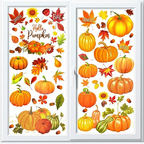 HOWAF Fensterbilder Herbst Pumpkin - Kinder Herbstdeko Fenster Thanksgiving Kürbis Aufkleber, Herbstblätter Sticker Selbstklebend für Fensterdeko