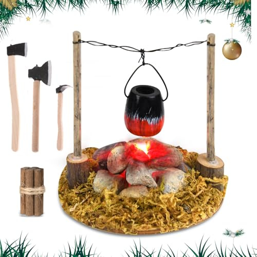 Johiux Weihnachten Wichtel Zubehör LED-Lagerfeuer, Miniatur Stadtflamme, Wichtel Feuerstelle Miniatur Weihnachten Lagerfeuer Krippe Zubehör