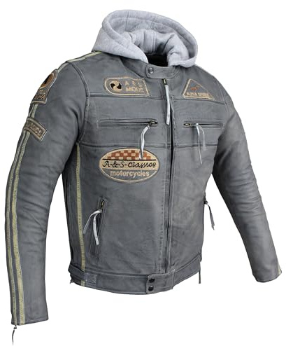 EURO STARS Herren Motorrad Lederjacek Biker Jacke mit Kapuze und Protektoren Custom Leder Jacke Bike Leatherjacket