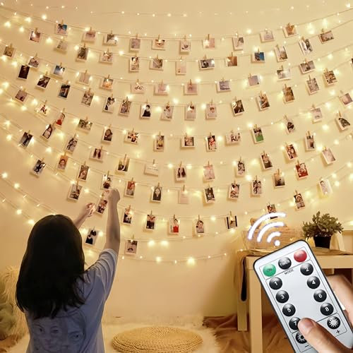 Microwear Fotoclips Lichterkette,12M 120LEDS,8 Modi Fotos Lichterkette mit Fernbedienung,USB/Batteriebetrieben für Bilder,Zimmer,Weihnachten,Hochzeiten(52 Klammern und 25 Nails)
