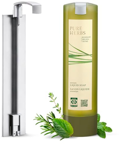 ADA Cosmetics Flüssigseife Pure Herbs 300mL inkl. Wandhalterung | Vegan mit Melisse, Thymian und Rosmarin, SmartCare, Wandbefestigung zum kleben ohne Bohren, Kräuterduft, Made in Germany