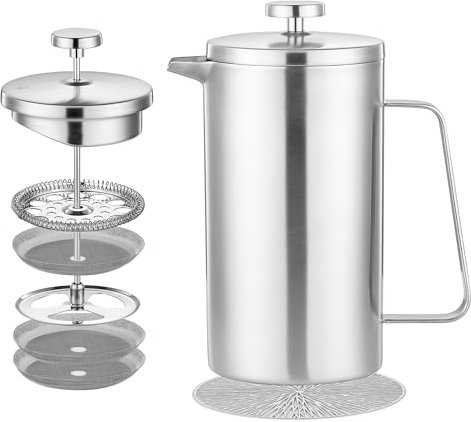 Misichao Small Cafetiere 2 Cup French Press Coffee Maker, Stainless Steel Caffettiere Insulated Coffee Press with 3 Level Filtration System, Manual Coffee Maker, 350ml, Silver