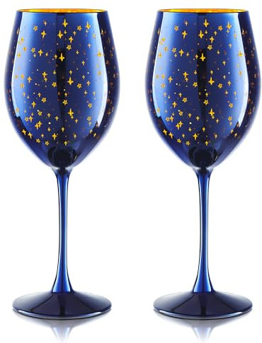 Joeyan Christmas Stemmed Wine Glasses Set of 2, 580ml Large Burgundy Wine Glass with Gold Star Patterns, Decorated Red Wine Goblet Glassware Party Drinking Glasses Wine Cups for Couple Gifts, Blue