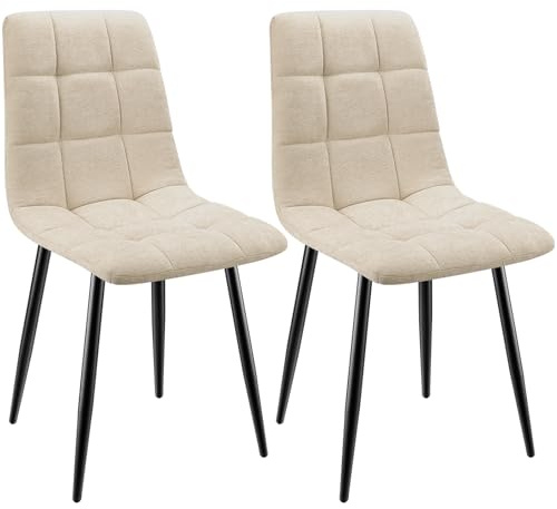 ANVOFONG Leinenstoff Esszimmerstühle 2er Set,Beige | Karomuster,Esszimmerstuhl mit verstärkten Stuhlbeinen,Küchenstuhl Polsterstühle,Stuhl für Esszimmer,Küche & Wohnzimmer
