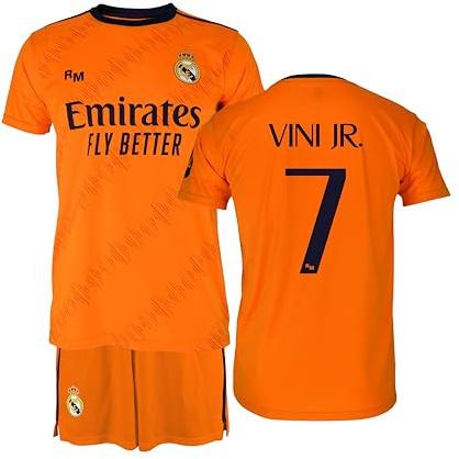 Real Madrid - Conjunto Camiseta y Pantalón Segunda Equipación Temporada 24/25, Vini Jr., Niños 14 Años, Replica con Licencia Oficial