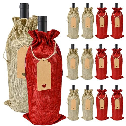 EMAGEREN 12 PCS Bolsas para Botellas de Vino, Reutilizables de Arpillera con Cordón, Bolsa de Regalo para Navidad con Etiquetas y Cuerdas para Boda Cumpleaños