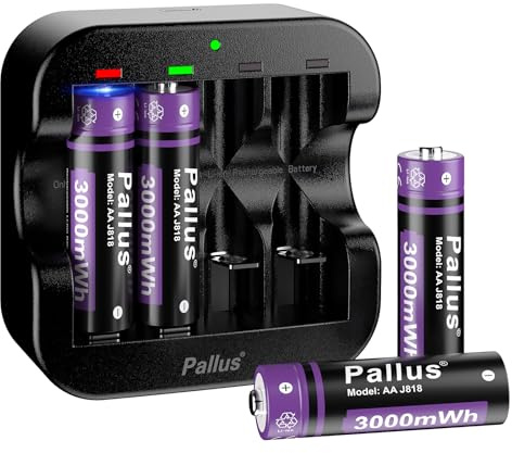 AA Rechargeable Lithium Batteries, High Capacity 3000mWh, Double A Battery, with 2H Fast Battery Charger, 1500 Cycles Long-Lasting for Radio, Wireless Mouse, Camera (4 Pack)