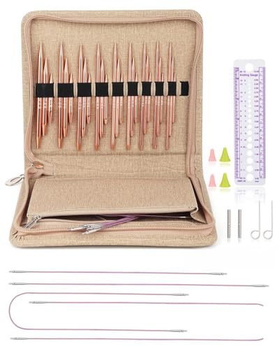 27 Größe Austauschbare Stricknadeln Set mit Etui für Bastler, 3 bis 6 mm, Rundstricknadeln Set mit 4 Kabel, Kabelnadeln zum Stricken, Mehrere Kombinationen, Gold