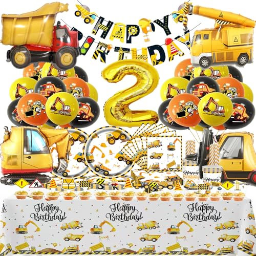 Bemoseng Bagger Deko Geburtstag 2, Baustelle Partygeschirr, Luftballons, Pappteller, Pappbecher für Geburtstag Party (20 Gäste)