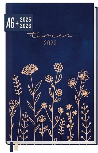 Häfft® Chäff-Timer Mini Taschenkalender 2025/2026 A6+ Fine Flowers blue Terminplaner klein, Laufzeit Jul 2025 - Dez 2026, 1 Woche auf 2 Seiten- nachhaltig & klimafreundlich