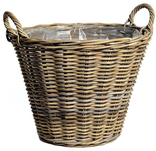 Annastore Pflanzkorb aus Weide mit Henkel und Innenfolie Blumenkorb Weidenkorb, Korb aus Weide, Pflanzgefäß Größe Ø 35 cm - H 25 cm (helle Folie)