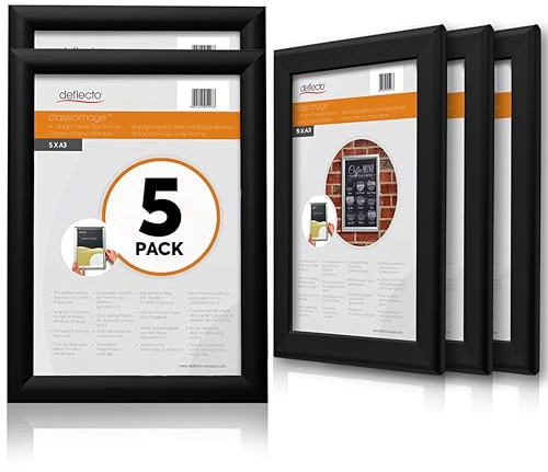 Deflecto Lot de 5 cadres à clipser A3 - Élégant cadre en aluminium noir pour affichage mural - Support pour certificat et affiche avec clips d'ouverture à l'avant