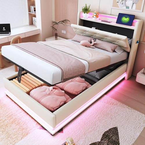 Ymkua Polsterbett Einzelbett 90x200 cm, Stauraumbett Bett mit LED und USB Port, Jugendbett mit Stauraum und Aufklappbar Kopfteil, Bettgestell mit Lattenrost aus Holz, Leinenstoff Ohne Matratze (Beige)