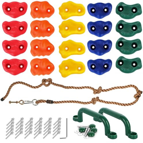 CIOXSOIO 20 Pezzi Prese Arrampicata per Bambini, Prese D'arrampicata per Pareti con 2 Maniglie e 270cm Corda Annodata, Kit Supporti per Parete Rocciosa per Interni ed Esterni, Rock Climbing Holds