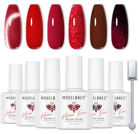 Modelones Gel Nail Polish Set 6 Colors Christmas Burgundy Red Glitter Cat Eye Color Changing Gel Polish Kit with Magnet Nail Art DIY Manicure Salon Home for Women