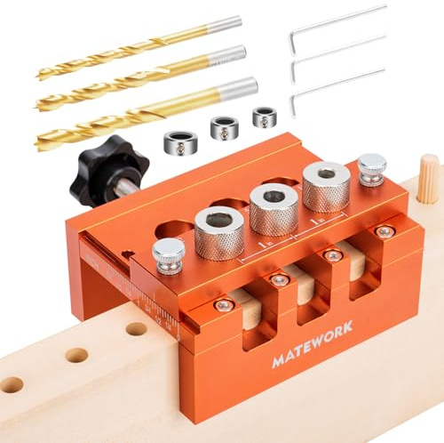 Dowel Jig, Matework Adjustable Width Doweling Jig for Woodworking, Biscuit Joiner with Imperial Side Scales for Centering, Drill Guide for Straight Holes Dowel Jig Kit with 3 Drill Bits & 3 Stop Rings