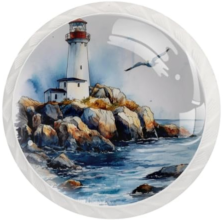JAVENPROEQT Set di 12 pomelli rotondi in cristallo con paesaggio marino e vecchio faro ad acquerello, per cassettiera, armadio, armadio, con viti, decorazione per casa e ufficio