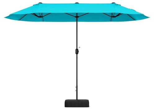 FANTASK Grand parasol double - Avec manivelle et support - Parasol de marché d'extérieur - Avec bande de fixation - 400 x 200 cm - Turquoise, Turquoise., 400 x 200 cm, Moderne