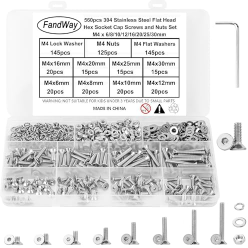 FandWay Juego de 560 tornillos y tuercas M4, tornillos de máquina de cabeza avellanada, tornillos Allen de acero inoxidable 304, tornillo hexagonal de cabeza plana, kit surtido de arandelas planas y
