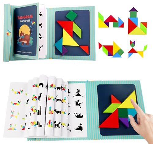CUVZORA Tangram Magnetisch, Kinder Lernspielzeug Reisespiele für unterwegs, Magnetspiel mit 96 Mustern, Magnetpuzzle aus Holzfür Kinder ab 3 Jahren, Kreativ und Sicher (Grün)