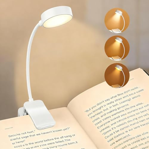 Lumière de lecture, Portable Liseuse Lampe Clip, Lampe de Table Réglable, 360° Cou,3 Températures de Couleur & Gradation, Lampe à Pince pour Livres au Lit, pour Livre, Bureau ou Canapé (Blanc)