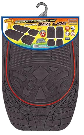 ROLMOVIL Juego de Alfombrillas Coche Universal 4 Piezas, Alfombras de Goma Antideslizantes con Diseño Rojo, Resistentes y Lavables, Protector Interior Auto, Fácil de Limpiar, Ajuste Universal