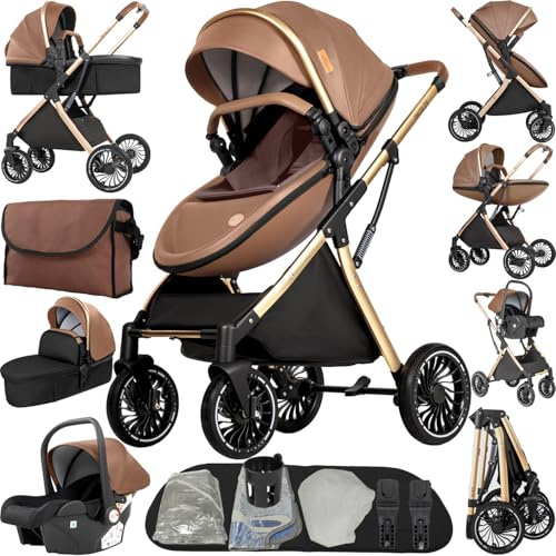 Sianldcone 4 in 1 Pushchair Pram Baby Stroller, Travel System 4 in 1 with Two Reversible Pushing Modes, Toddler Carriage Aluminium Frame, Newborn Infant Buggy with One-Click Folding (688 Khaki)