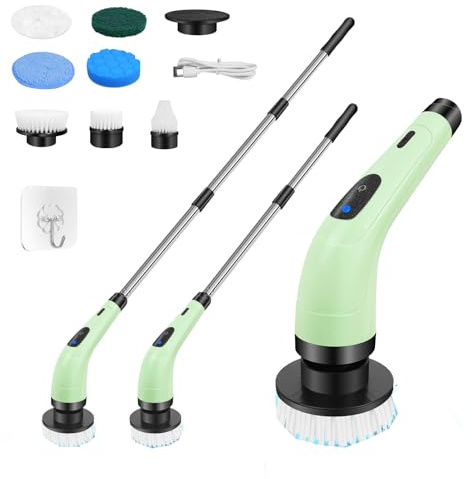 Electric Spin Power Scrubber Cordless Rechargeable Bathroom Scrubber Electric Brush Power Cleaning Brush Set Adjustable Extension Long Handle, 10 Brush Heads, 2 Speeds (Blue)