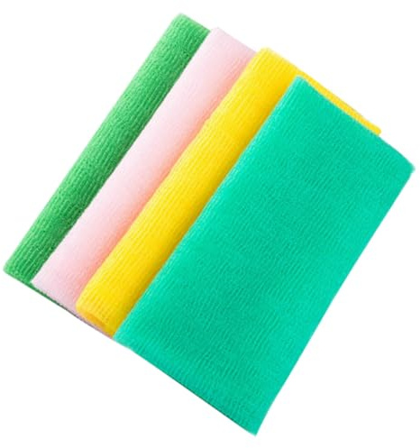 POPETPOP Lot de 4 Serviettes de Bain Exfoliantes en Nylon Doux Longue Taille Couleurs Mixtes Moufles de Toilette Corps Exfoliation Éponges Exfoliantes