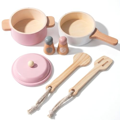 WoodenFun Holz Topfset Küchenzubehör sicheres Rollenspiel Geschenk für Kinder ab 3J (Rosa)