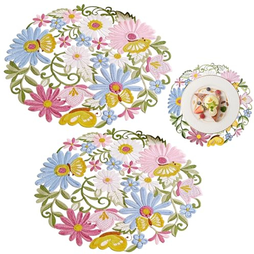 Simsky 2 Stück Tischsets Rund, Bestickte Blumen Platzsets im Frühling Design, 35 cm Durchmesser, Für Küche, Esstisch, Hochzeit, Festival und Party Deko