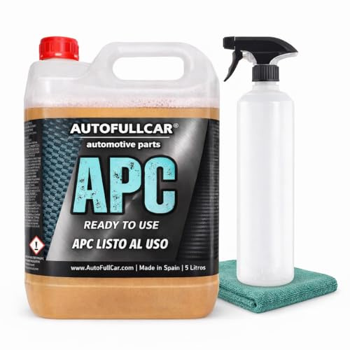 AutoFullCar APC Listo al Uso 5 Litros, Limpiador Multiusos Coche, Limpieza Carrocería Llantas Interior Textil Motor, Uso Directo Sin Diluir, Incluye Botella con Difusor y Bayeta Microfibra