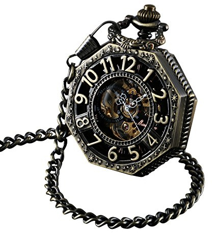 Shoppewatch PW-221 Montre de poche octogonale avec chaîne style or ancien Mouvement mécanique Steampunk