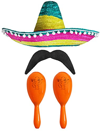 Mexikansk snygg klänning tillbehörsset – Mexikansk SOMBRERO med maracas och smink – perfekt för musikanska finsmaksmakare utklädningskostymer (mångfärgad POM SOMBRERO + 2 x ORANGE MARACAS)