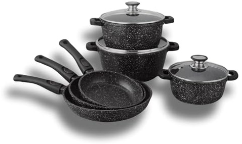 Cflagrant® Batterie de cuisine Façon Pierre 15 PCS 3 Poêles 20/24/28 et 3 Faitout 20/24/28 Tous Feux Dont Induction Sans PFOA Cuisson Sans Matière Grasse Revêtement Greblon C3 Technologie Allemande