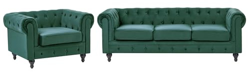 Klassisk Chesterfield 3-sits + Fåtölj Soffgrupp Sammet Grön Chesterfield