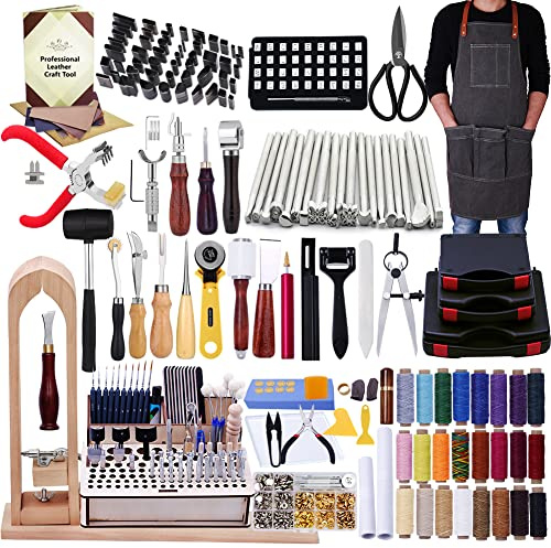 BUTUZE 308Pcs The Most Complete Leather Working Tool Set 52Pcs Punch Cutter Tools, Letter and Number Stamp Set,Stamping Set, Leather Apron,Tanned Leather and Instruction for Beginner and Profess