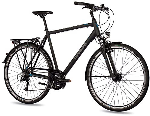 Airtracks Herren Trekking Fahrrad 28 Zoll Trekkingbike TR.2820 Trekkingrad City Bike 24 Gang Shimano ACERA RD-T3000 Kettenschaltung Nabendynamo Schwarz Matt - 56cm Körpergröße 175-185 cm