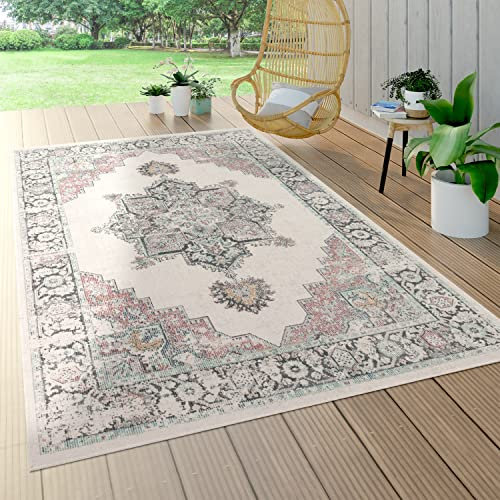 Paco Home Alfombra Pelo Corto Balcón Terraza, Exterior Interior, Estampado Oriental Beige, tamaño:140x200 cm