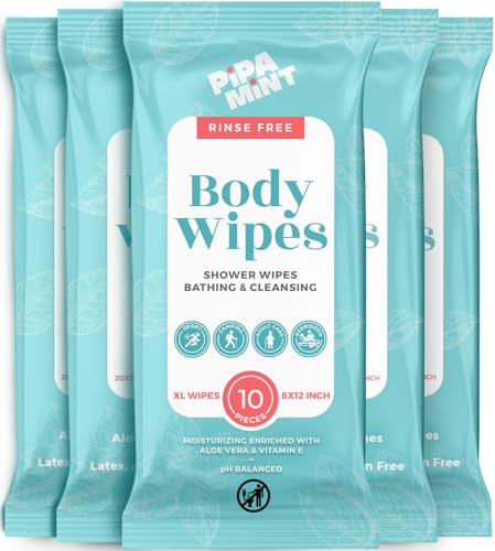 Lot de 5 lingettes corporelles XL pour adultes, bain, voyage, camping, gym, voiture, personnes âgées, alités, sans rinçage - 1 boîte (50 pièces)