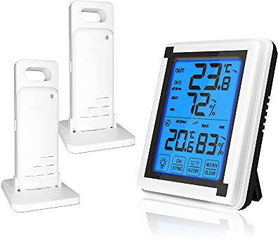 DollaTek LCD large screen touch wireless digital thermometer and hygrometer Backlight monitor indoor and outdoor weather clock for home bedroom office - one host two Launchers