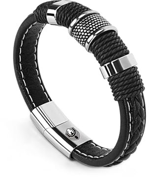 Lederarmband Herren mit gravur, herrenarmbände Leder, Armbänder für Herren mit Edelstahl Magnetverschluss, Geflochten Armband für Männer, Echtlederarmband für Männer jungen Geschenke Idee schwarz