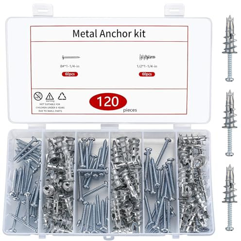 120 Pcs Self Drilling Plasterboard Fixings Raw Plugs and Screws, Cavity Wall Screws and Drywall Anchors, Metal Plaster Boarding Fixings Kits Heavy Duty (3 pointed tips)
